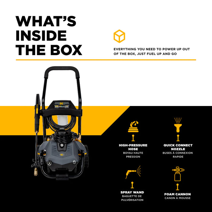 BE Power Equipment P2314EN 2,300 PSI 1.7 GPM Electric Pressure Washer – 1.6 HP Powerease Motor, Convertible Cart/Wall/Hand‑Carry Frame