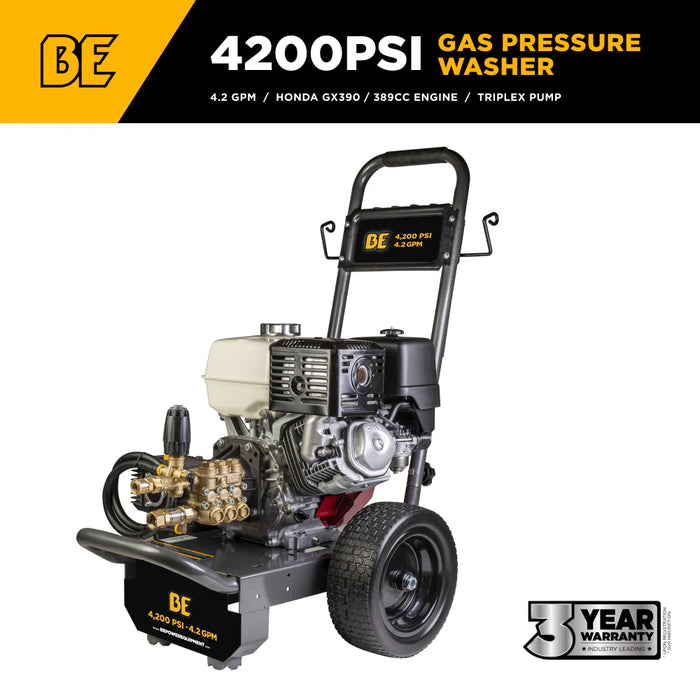 BE Power Equipment B4213HCS 4,200 PSI 4.2 GPM Cold Water Gas Pressure Washer – Honda GX390 Comet Triplex Pump