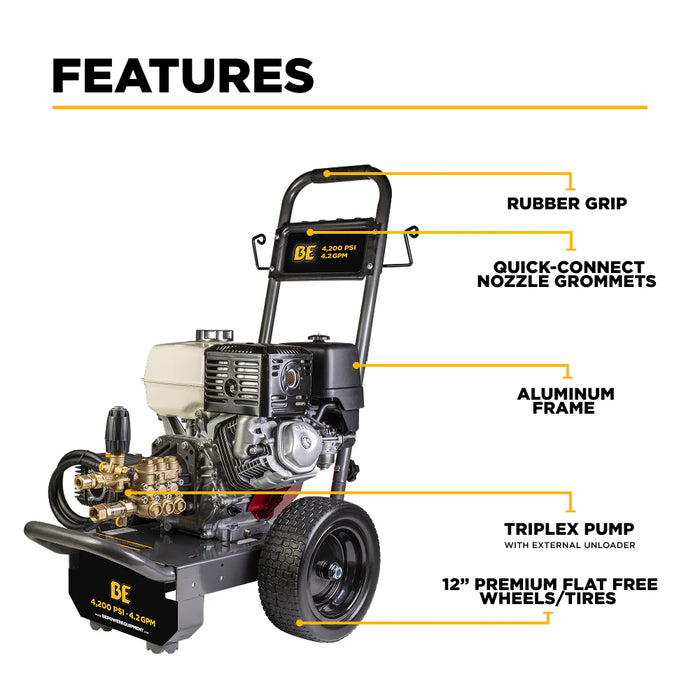 BE Power Equipment B4213HCS 4,200 PSI 4.2 GPM Cold Water Gas Pressure Washer – Honda GX390 Comet Triplex Pump