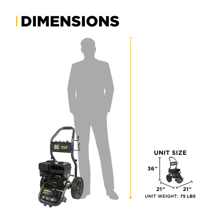 BE Power Equipment B3475PX 3,400 PSI 2.5 GPM Gas Pressure Washer – 223cc Powerease OHV Cold Water Machine