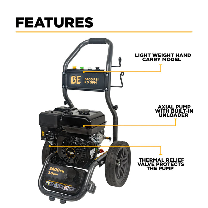 BE Power Equipment B3475PX 3,400 PSI 2.5 GPM Gas Pressure Washer – 223cc Powerease OHV Cold Water Machine