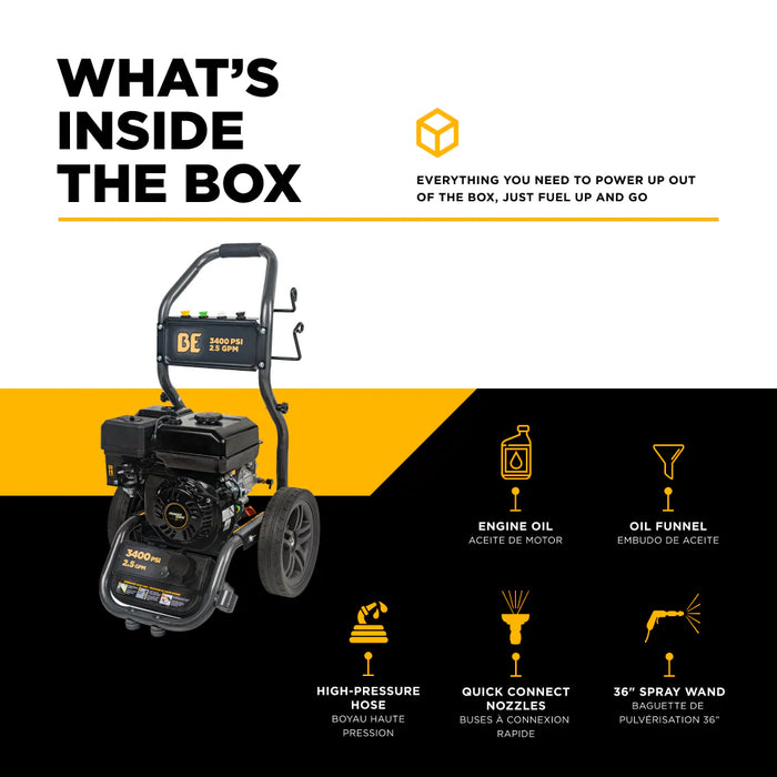 BE Power Equipment B3475PX 3,400 PSI 2.5 GPM Gas Pressure Washer – 223cc Powerease OHV Cold Water Machine