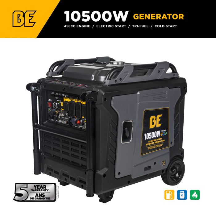 BE Power Equipment BE10500IT 10,500W Peak / 8,500W Running Tri‑Fuel Digital Inverter Generator – 458cc PowerEase OHV