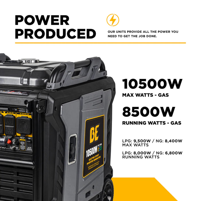 BE Power Equipment BE10500IT 10,500W Peak / 8,500W Running Tri‑Fuel Digital Inverter Generator – 458cc PowerEase OHV