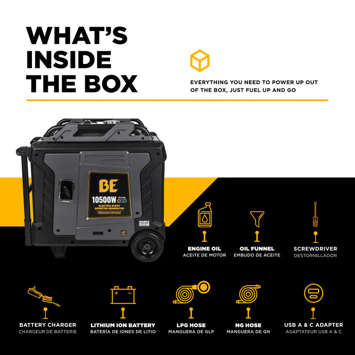 BE Power Equipment BE10500IT 10,500W Peak / 8,500W Running Tri‑Fuel Digital Inverter Generator – 458cc PowerEase OHV