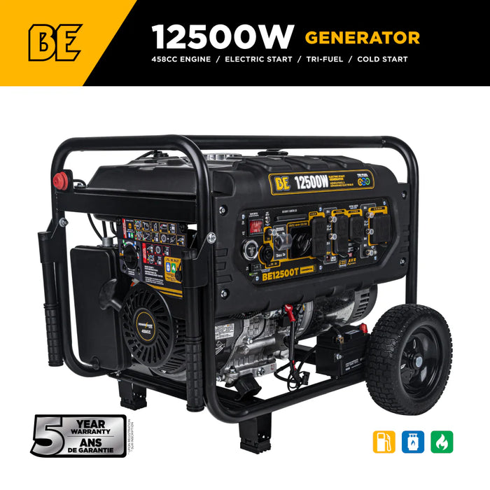 BE Power Equipment BE12500T 12,500W Peak / 9,000W Running Tri‑Fuel Portable Generator – 458cc Powerease OHV Engine
