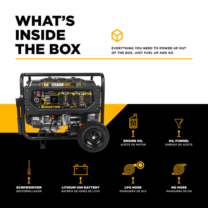 BE Power Equipment BE12500T 12,500W Peak / 9,000W Running Tri‑Fuel Portable Generator – 458cc Powerease OHV Engine