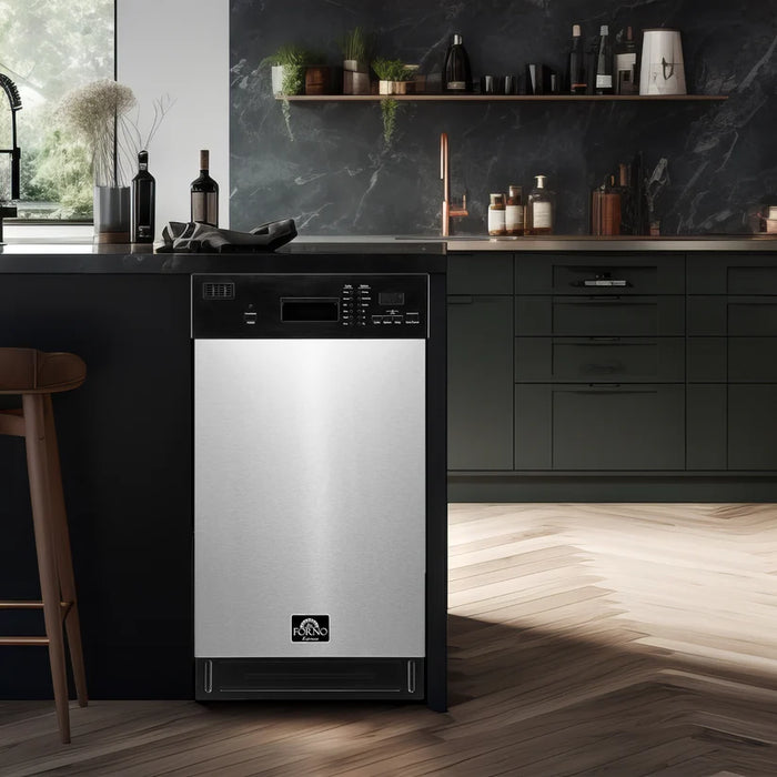 Forno Polo FDWBI8041-18S 18" Built-In Stainless Steel Dishwasher – 8 Place Settings, Front Controls, 6 Wash Cycles, 120V