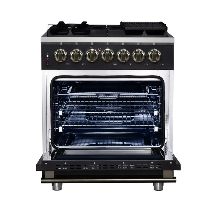 Forno Massimo FFSGS6125-30BLK 30" Black Dual Fuel Range, Antique Brass, 5 Sealed Burners, 4.32 cu. ft. True Convection