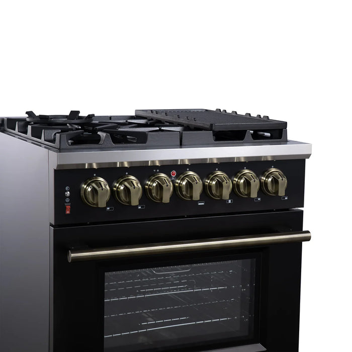 Forno Massimo FFSGS6125-30BLK 30" Black Dual Fuel Range, Antique Brass, 5 Sealed Burners, 4.32 cu. ft. True Convection