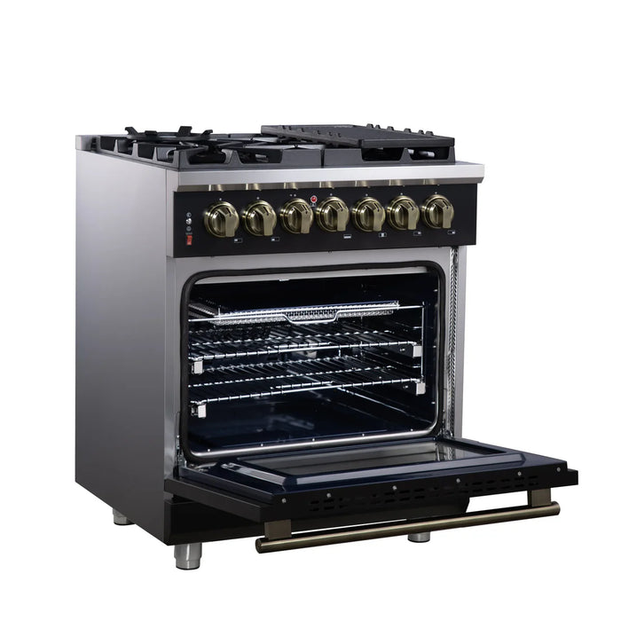 Forno Massimo FFSGS6125-30BLK 30" Black Dual Fuel Range, Antique Brass, 5 Sealed Burners, 4.32 cu. ft. True Convection