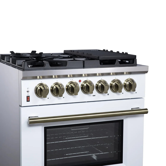 Forno Massimo FFSGS6125-30WHT 30" White Dual Fuel Range, Antique Brass, 5 Sealed Burners, 4.32 cu. ft. True Convection Oven