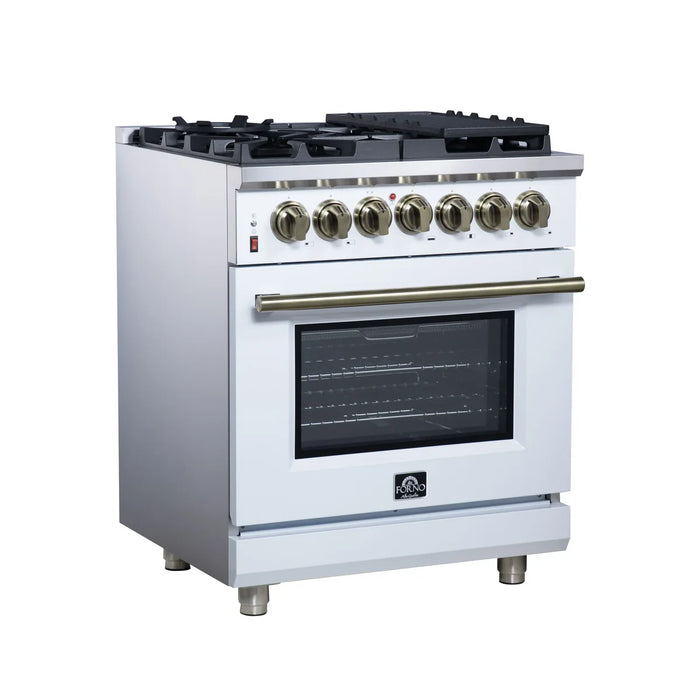 Forno Massimo FFSGS6125-30WHT 30" White Dual Fuel Range, Antique Brass, 5 Sealed Burners, 4.32 cu. ft. True Convection Oven