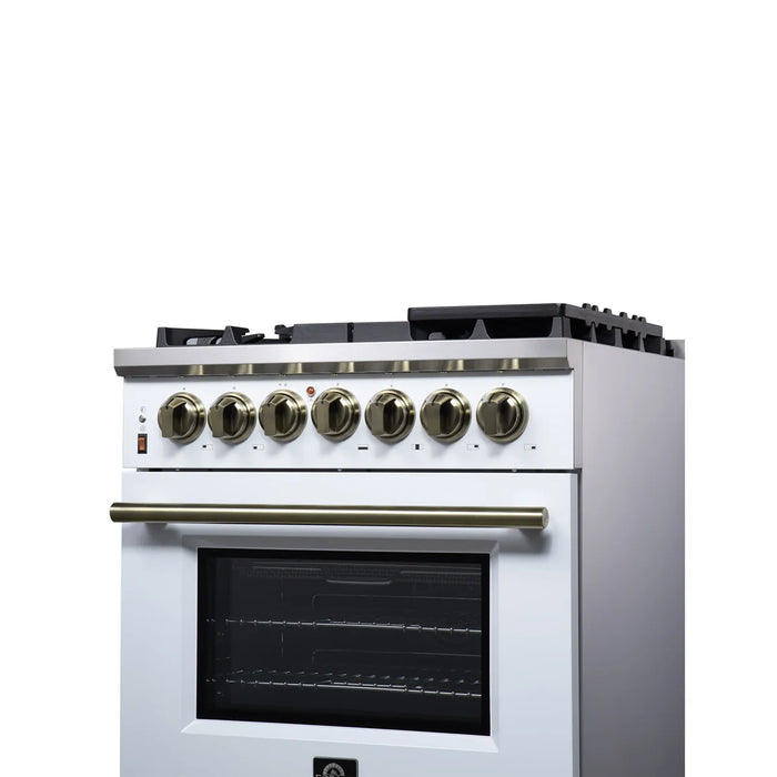 Forno Massimo FFSGS6125-30WHT 30" White Dual Fuel Range, Antique Brass, 5 Sealed Burners, 4.32 cu. ft. True Convection Oven