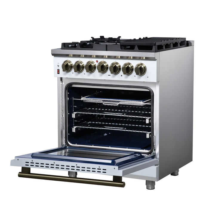 Forno Massimo FFSGS6125-30WHT 30" White Dual Fuel Range, Antique Brass, 5 Sealed Burners, 4.32 cu. ft. True Convection Oven