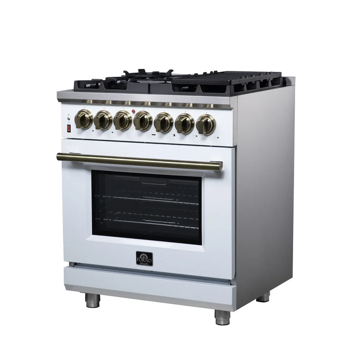 Forno Massimo FFSGS6125-30WHT 30" White Dual Fuel Range, Antique Brass, 5 Sealed Burners, 4.32 cu. ft. True Convection Oven