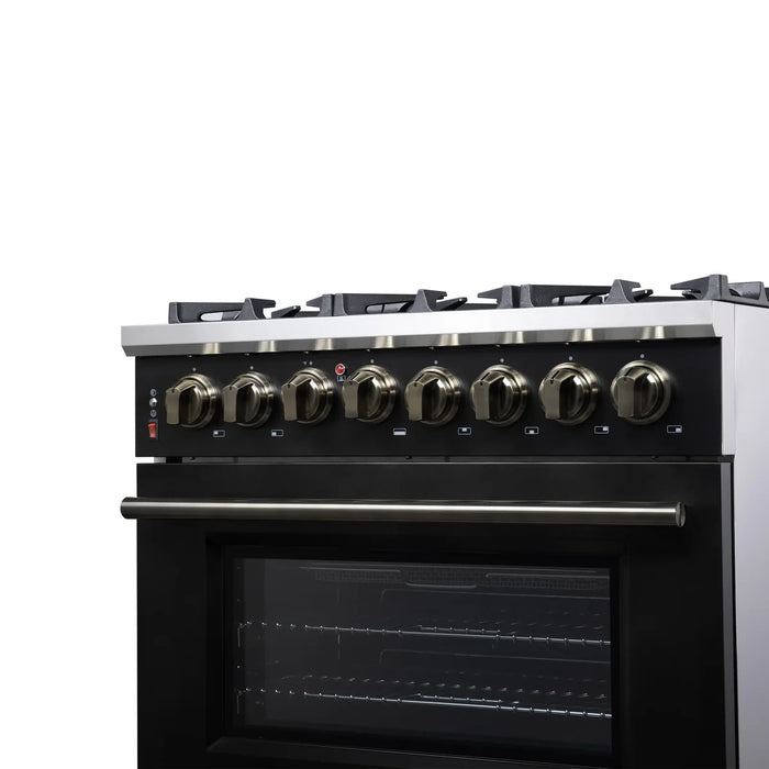 Forno Massimo FFSGS6125-36BLK 36" Black Dual Fuel Range, Antique Brass, 6 Sealed Burners, 5.36 cu. ft. True Convection Oven