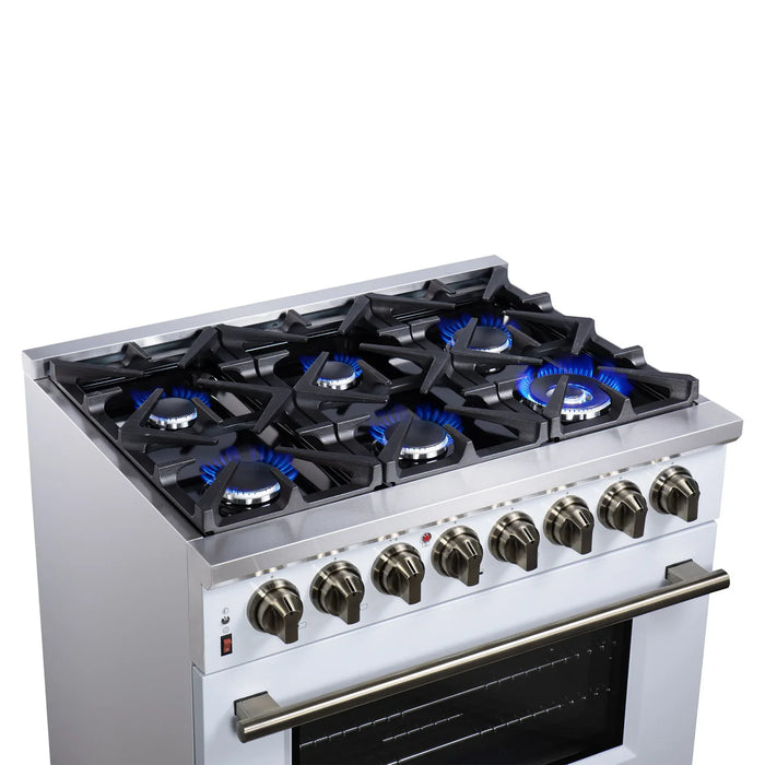 Forno Massimo FFSGS6125-36WHT 36" White Dual Fuel Range, Antique Brass, 6 Burners, 5.36 cu. ft. True Convection Oven