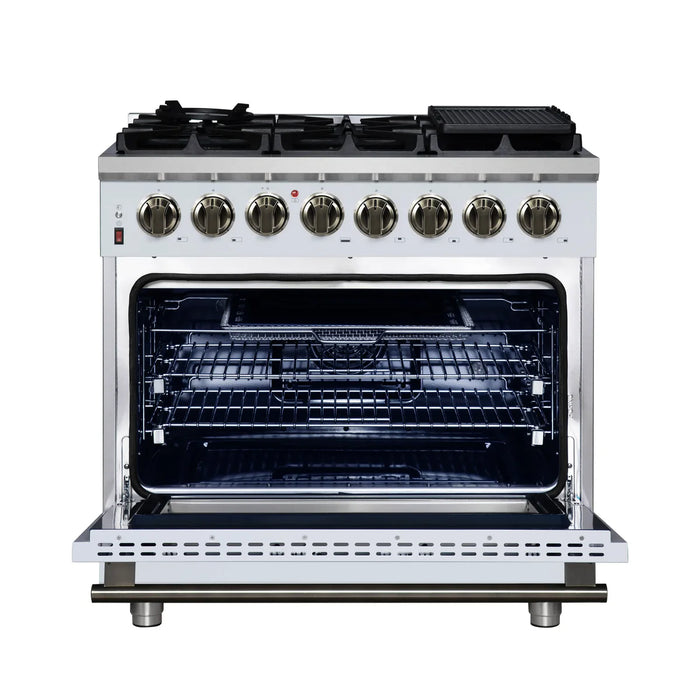 Forno Massimo FFSGS6125-36WHT 36" White Dual Fuel Range, Antique Brass, 6 Burners, 5.36 cu. ft. True Convection Oven