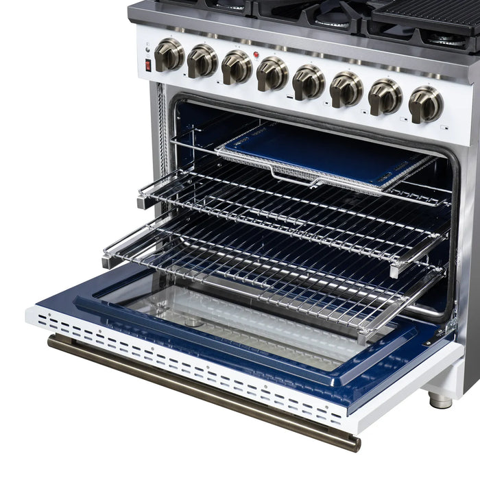 Forno Massimo FFSGS6125-36WHT 36" White Dual Fuel Range, Antique Brass, 6 Burners, 5.36 cu. ft. True Convection Oven