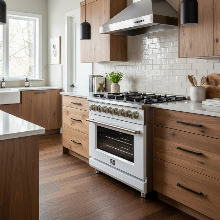 Forno Massimo FFSGS6125-36WHT 36" White Dual Fuel Range, Antique Brass, 6 Burners, 5.36 cu. ft. True Convection Oven