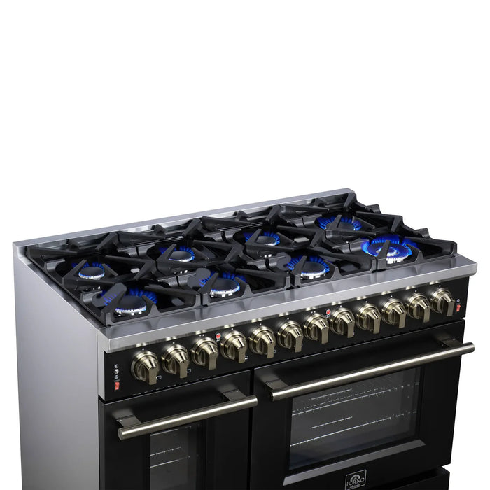 Forno Massimo FFSGS6125‑48BLK 48" Black Dual Fuel Range, Antique Brass, 8 Sealed Burners & Double Convection Ovens
