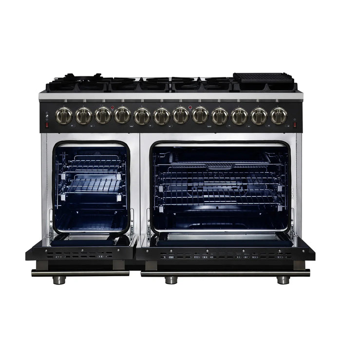 Forno Massimo FFSGS6125‑48BLK 48" Black Dual Fuel Range, Antique Brass, 8 Sealed Burners & Double Convection Ovens