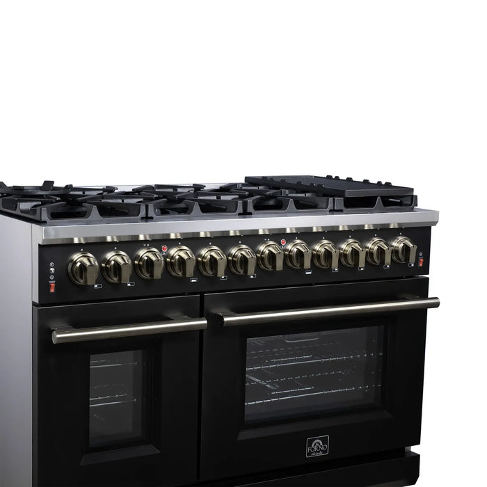 Forno Massimo FFSGS6125‑48BLK 48" Black Dual Fuel Range, Antique Brass, 8 Sealed Burners & Double Convection Ovens
