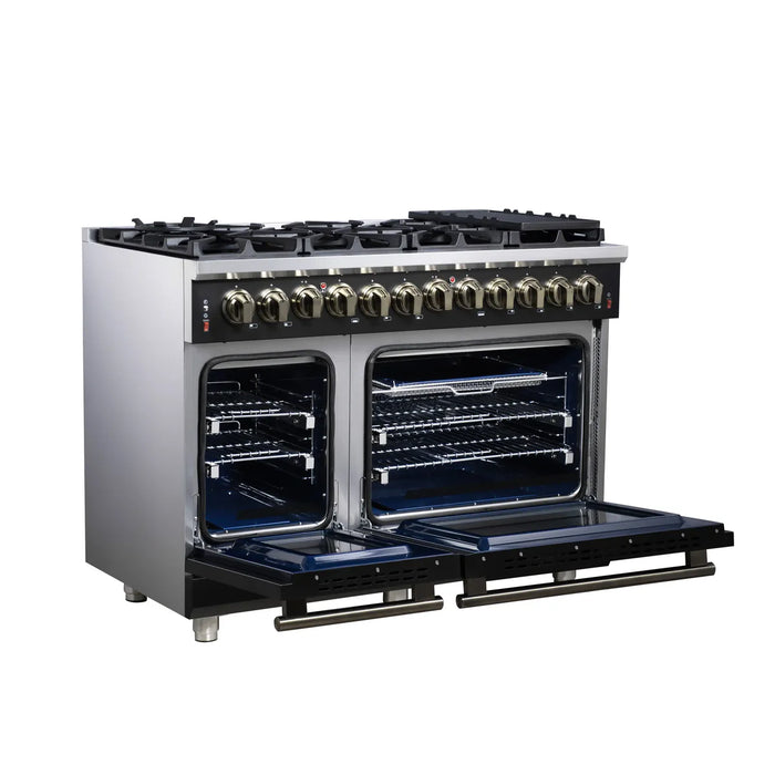 Forno Massimo FFSGS6125‑48BLK 48" Black Dual Fuel Range, Antique Brass, 8 Sealed Burners & Double Convection Ovens