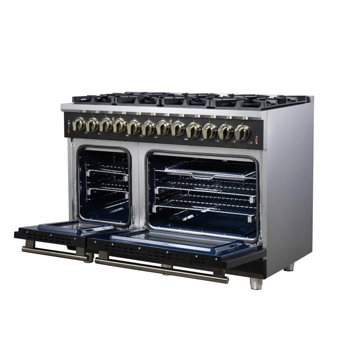 Forno Massimo FFSGS6125‑48BLK 48" Black Dual Fuel Range, Antique Brass, 8 Sealed Burners & Double Convection Ovens