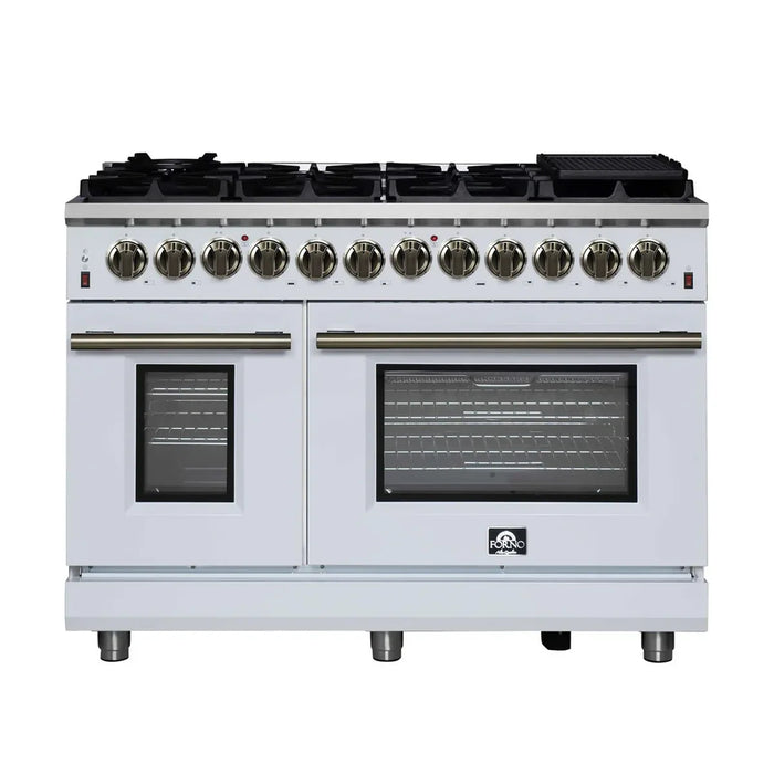 Forno Massimo FFSGS6125‑48WHT 48" White Dual Fuel Range, Antique Brass, 8 Sealed Burners & Double Convection Ovens