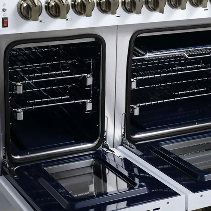 Forno Massimo FFSGS6125‑48WHT 48" White Dual Fuel Range, Antique Brass, 8 Sealed Burners & Double Convection Ovens