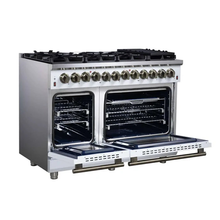 Forno Massimo FFSGS6125‑48WHT 48" White Dual Fuel Range, Antique Brass, 8 Sealed Burners & Double Convection Ovens