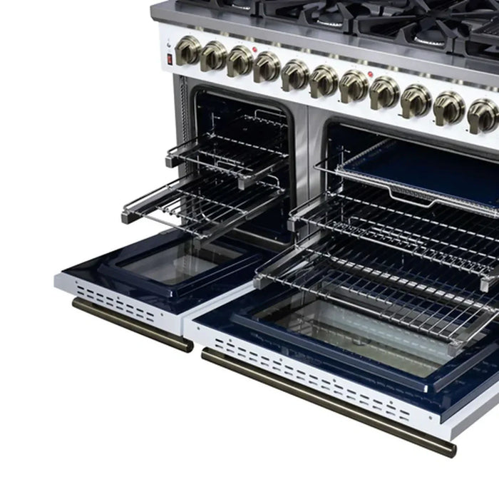 Forno Massimo FFSGS6125‑48WHT 48" White Dual Fuel Range, Antique Brass, 8 Sealed Burners & Double Convection Ovens