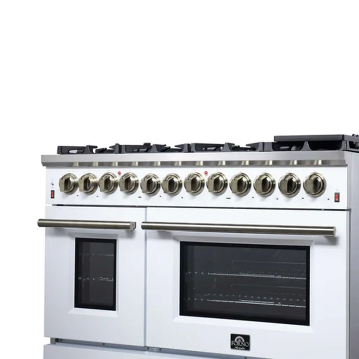 Forno Massimo FFSGS6125‑48WHT 48" White Dual Fuel Range, Antique Brass, 8 Sealed Burners & Double Convection Ovens