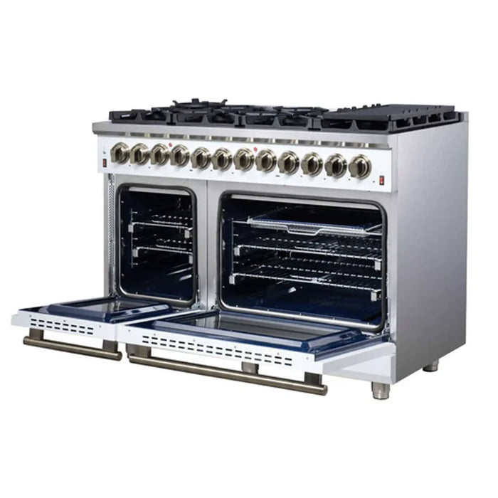Forno Massimo FFSGS6125‑48WHT 48" White Dual Fuel Range, Antique Brass, 8 Sealed Burners & Double Convection Ovens