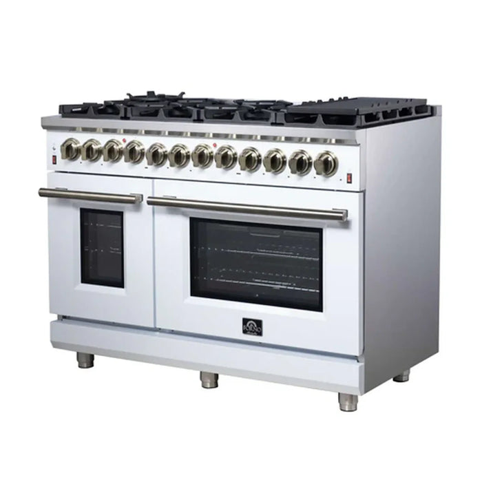 Forno Massimo FFSGS6125‑48WHT 48" White Dual Fuel Range, Antique Brass, 8 Sealed Burners & Double Convection Ovens