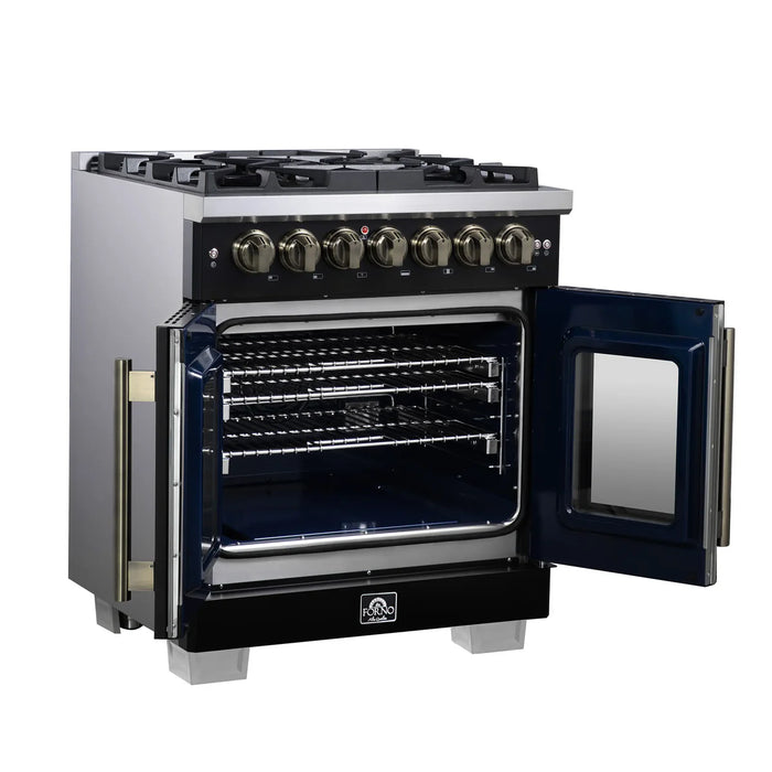Forno Capriasca FFSGS6387-30BLK 30" Black French Door Dual Fuel Range, 5 Burners, True Convection Oven