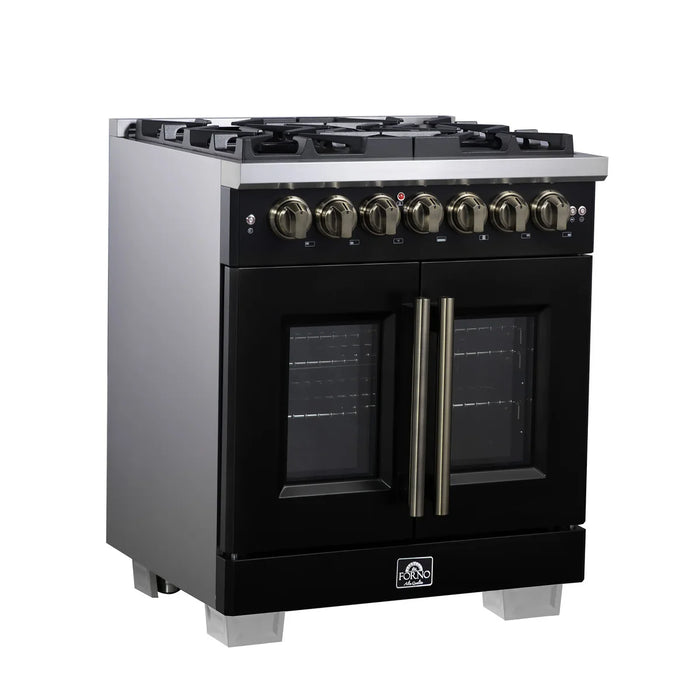 Forno Capriasca FFSGS6387-30BLK 30" Black French Door Dual Fuel Range, 5 Burners, True Convection Oven