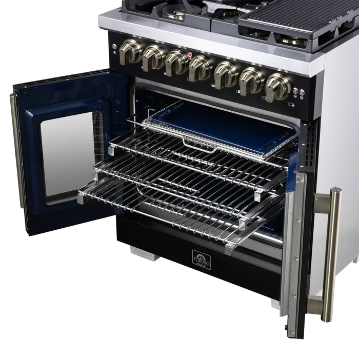 Forno Capriasca FFSGS6387-30BLK 30" Black French Door Dual Fuel Range, 5 Burners, True Convection Oven