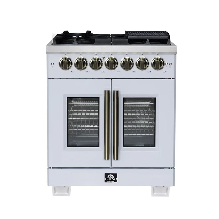 Forno Capriasca FFSGS6387-30WHT 30" White French Door Dual Fuel Range, 5 Burners, True Convection Oven