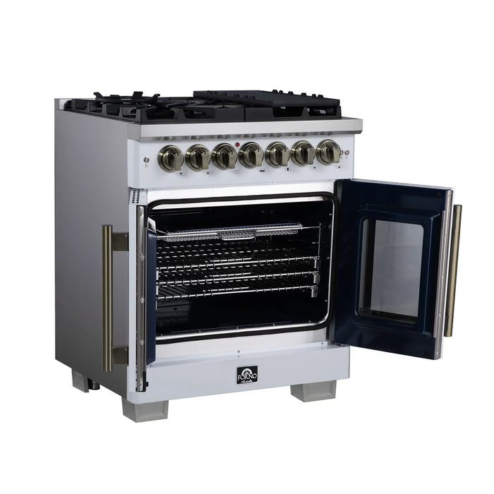 Forno Capriasca FFSGS6387-30WHT 30" White French Door Dual Fuel Range, 5 Burners, True Convection Oven