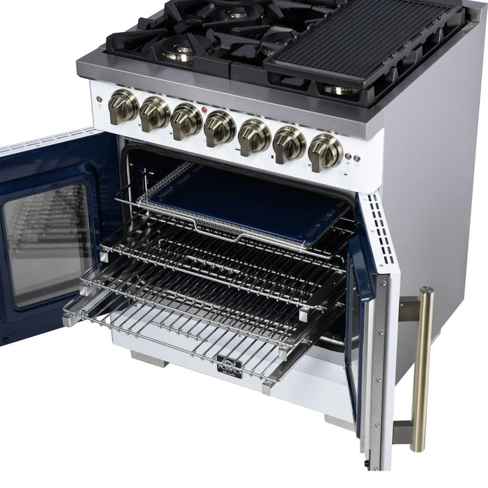 Forno Capriasca FFSGS6387-30WHT 30" White French Door Dual Fuel Range, 5 Burners, True Convection Oven