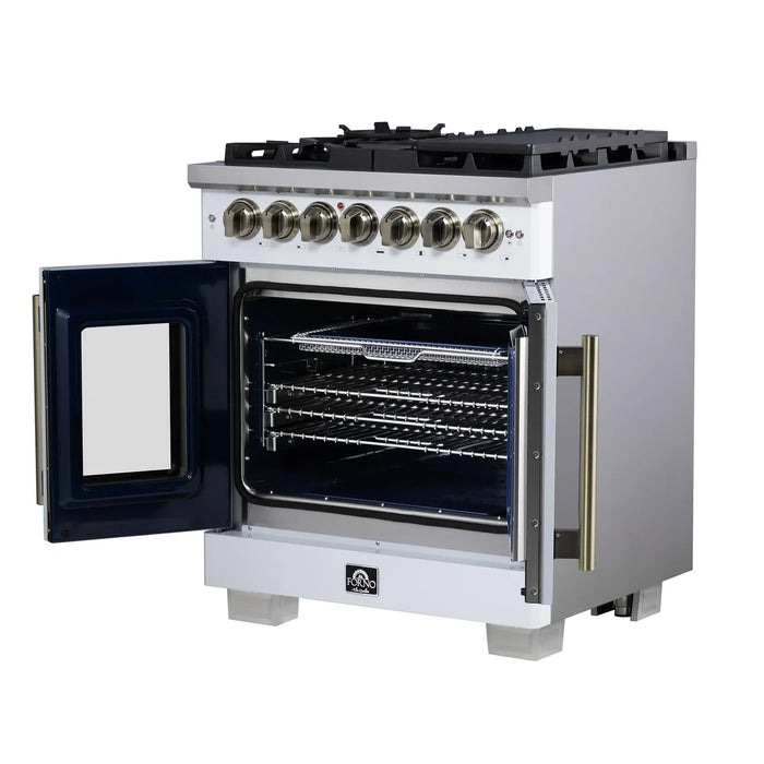 Forno Capriasca FFSGS6387-30WHT 30" White French Door Dual Fuel Range, 5 Burners, True Convection Oven