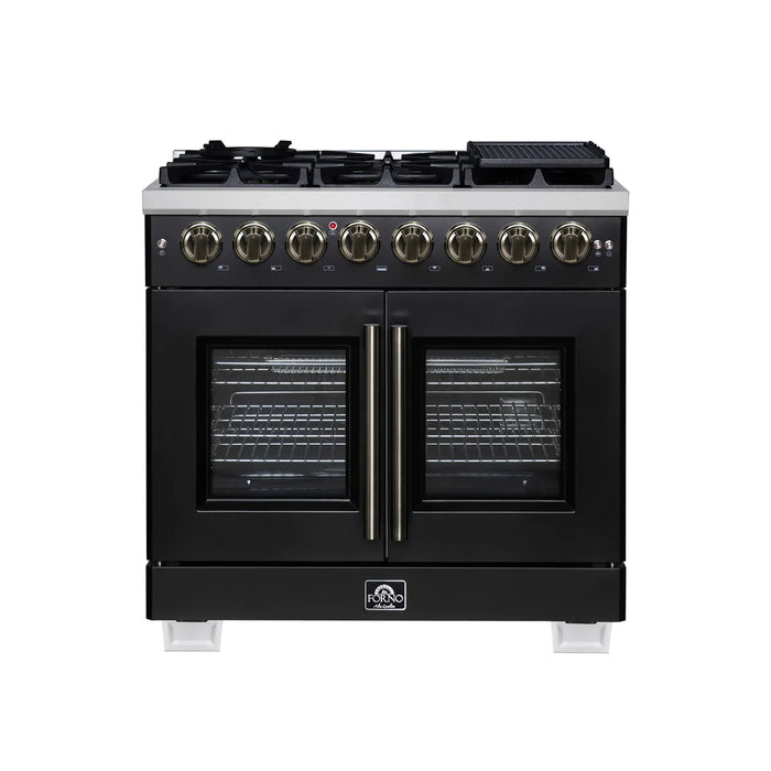 Forno Capriasca FFSGS6387-36BLK 36" French Door Dual Fuel Range, Black, Antique Brass, 6 Burners, True Convection