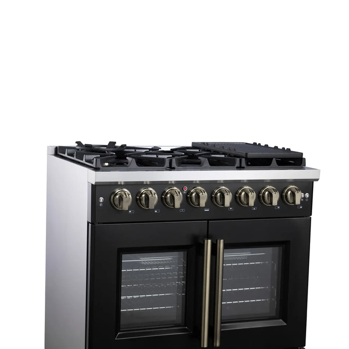 Forno Capriasca FFSGS6387-36BLK 36" French Door Dual Fuel Range, Black, Antique Brass, 6 Burners, True Convection