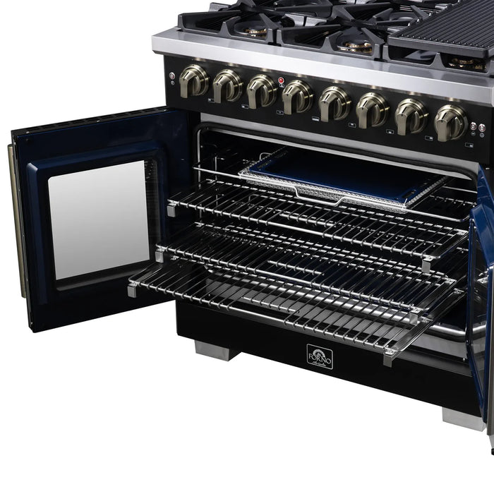 Forno Capriasca FFSGS6387-36BLK 36" French Door Dual Fuel Range, Black, Antique Brass, 6 Burners, True Convection