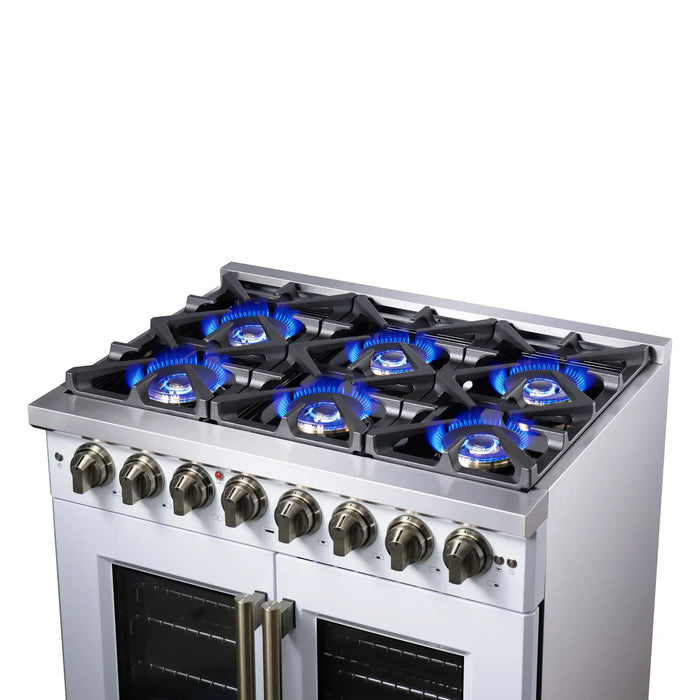 Forno Capriasca FFSGS6387-36WHT 36" French Door Dual Fuel Range, White, Antique Brass, 6 Burners, True Convection