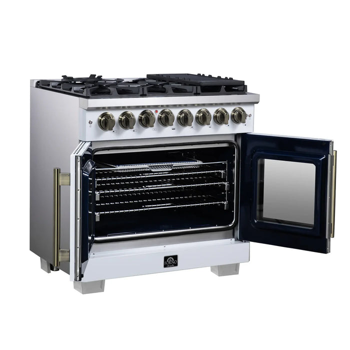 Forno Capriasca FFSGS6387-36WHT 36" French Door Dual Fuel Range, White, Antique Brass, 6 Burners, True Convection