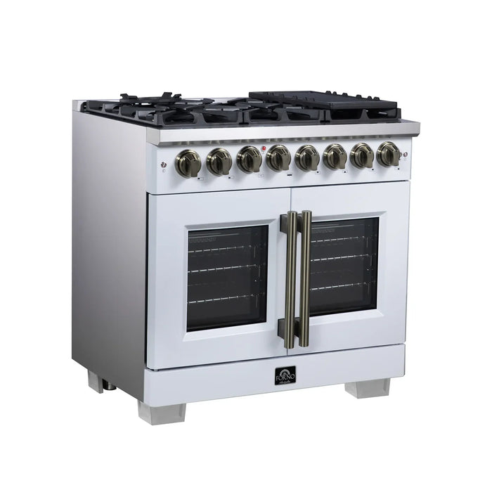 Forno Capriasca FFSGS6387-36WHT 36" French Door Dual Fuel Range, White, Antique Brass, 6 Burners, True Convection
